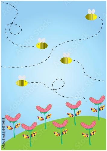bumble bees flying and flowers