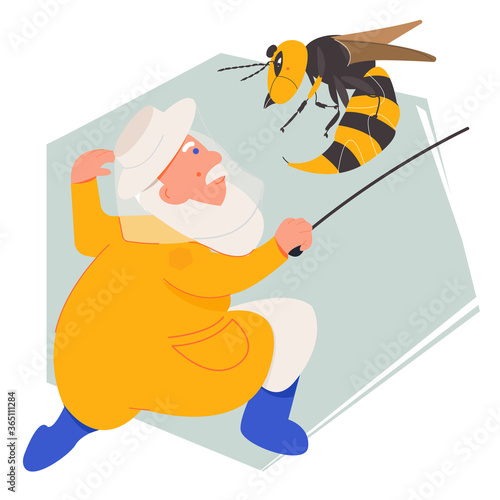 The bee and hornet illustration. The story of honey bee. Beekeeper fights the pest of bees