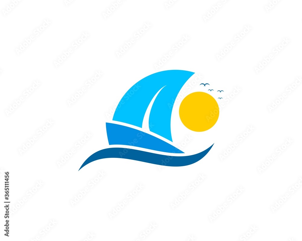 Fototapeta premium Simple blue boat with wave and sun