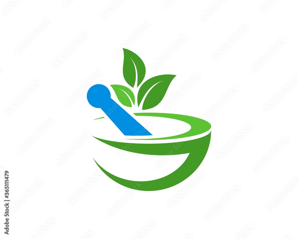 Abstract mortar and pestle with green leaves Abstract mortar and pestle with green leaves