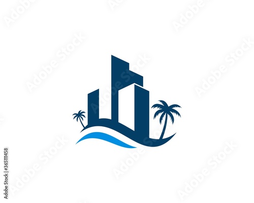building silhouette with palm tree and wave