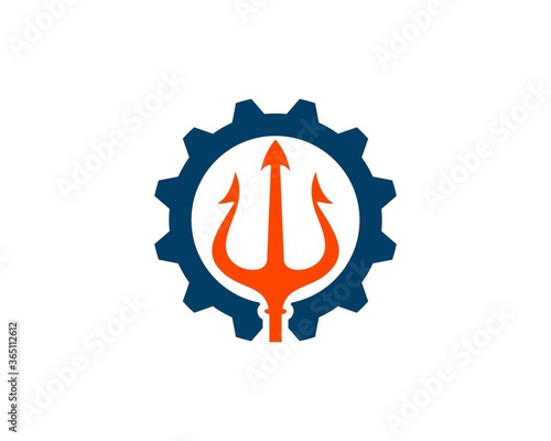 Blue gear with orange trident inside
