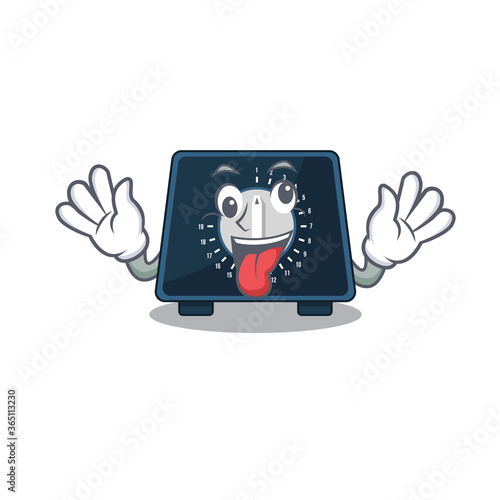 A mascot design of kitchen timer having a funny crazy face photo