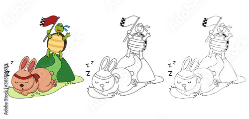 Illustration of educational game for kids and coloring book -turtle and rabbit running a race