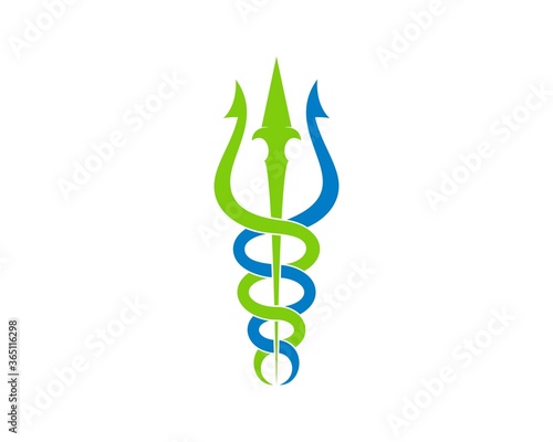 green and blue caduceus with trident