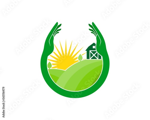Hand protection with green field farm inside
