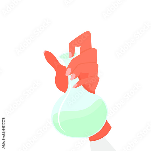 A hand holds a glass flask with a solution. Vector illustration, flat cartoon color design, isolated on white background, eps 10.