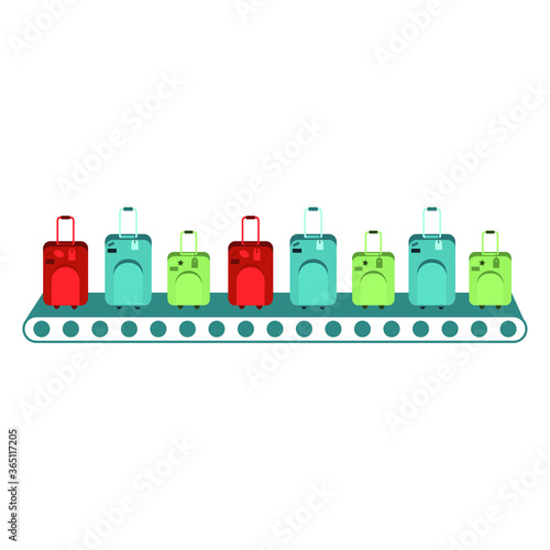 Suitcases on the conveyor, multi-colored bags move along the luggage carousel. Vector illustration, flat cartoon design, eps 10.