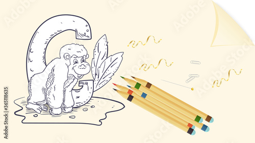 illustration layout banner of the English alphabet for learning the alphabet letter G gorilla on a sheet of paper with colored pencils outline Doodle