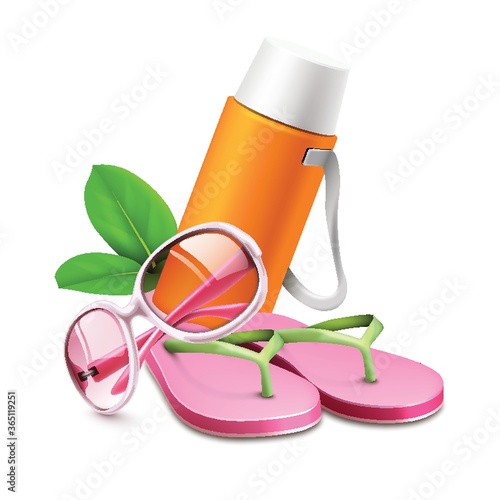 water bottle, spectacles and flip flops