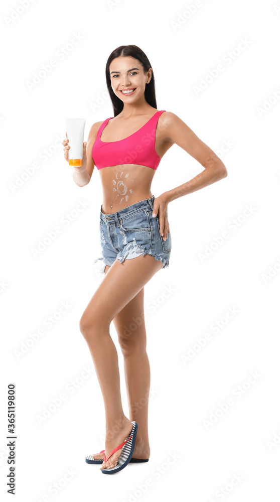Happy young woman with sun protection cream on white background Happy young woman with sun protection cream on white background