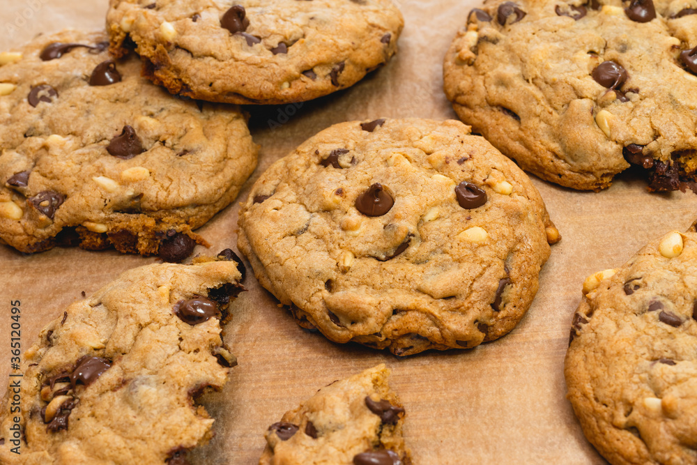 Chocolate chip cookies with pine nuts. Homemade old-fashioned Chocolate Chip Cookies close up. American cuisine, dessert