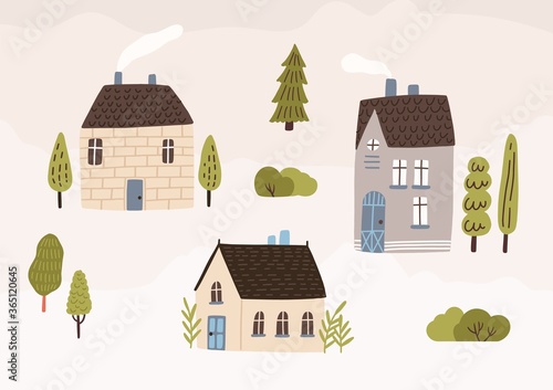 Hand drawn village with houses and trees vector flat illustration. Colorful cozy buildings with smoke from the chimney. Residential homestead, cottage or villa surrounded by green plants