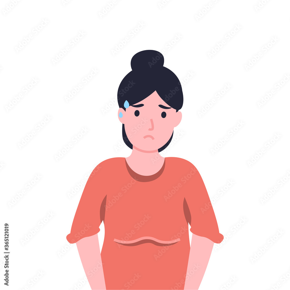 Woman bathed in a sweat. Girl sweating a lot. Flat vector cartoon illustration. Woman bathed in a sweat. Girl sweating a lot. Flat vector cartoon illustration.
