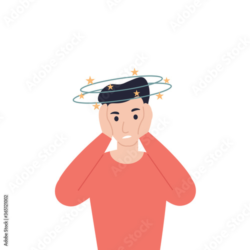 Flat cartoon vector man character fainting, dizziness, vertigo. Isolated illustration on white background.