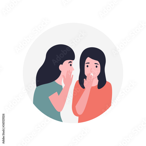 Girls spread rumors. Gossip women. Girlfriend whispering a secret in her friends ear. Flat vector cartoon modern illustration.
