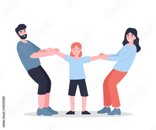 Mother and father share child. Parents  divided kid. Family conflict. Quarrel between husband and wife. Flat vector cartoon modern illustration.