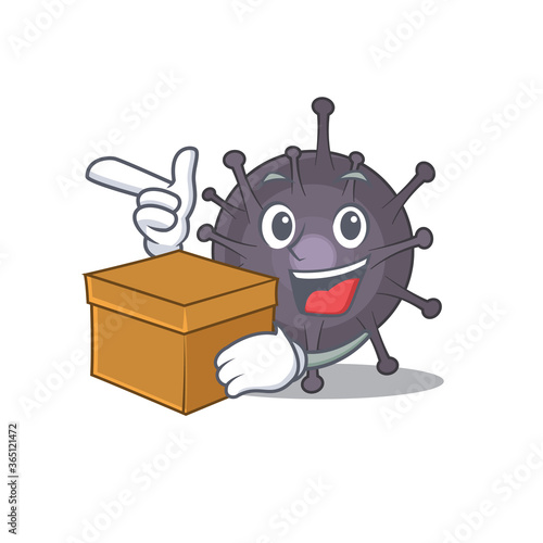 A smiling salmonella cartoon mascot style having a box