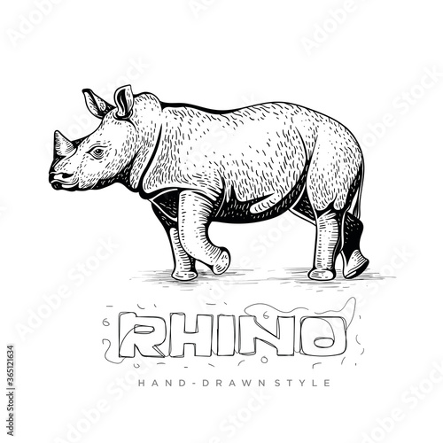 rhino vector side view, animal illustration in hand drawing