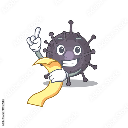 Salmonella mascot character style with food and beverage menu on his hand