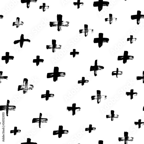 Black crosses vector seamless pattern. Hand drawn cross and plus sign. Black paint brush strokes geometrical pattern for wallpaper, web page background, textile design, graphic design. 