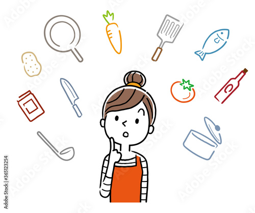 Vector illustration material: young housewife thinking about cooking