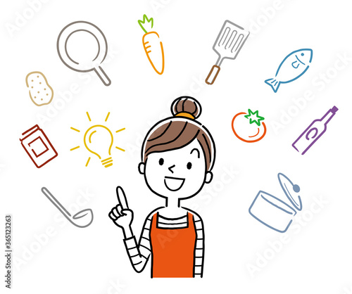 Vector illustration material: young housewife thinking about cooking