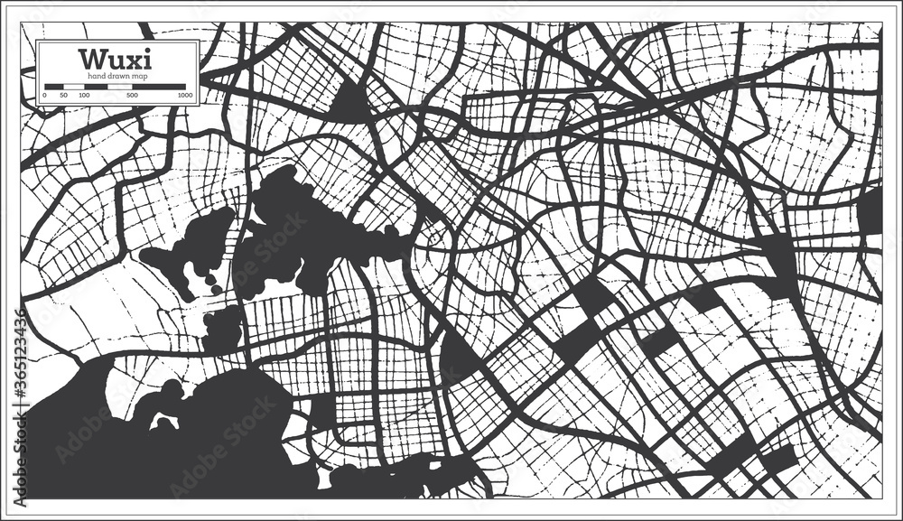 Wuxi China City Map in Black and White Color in Retro Style. Outline Map.
