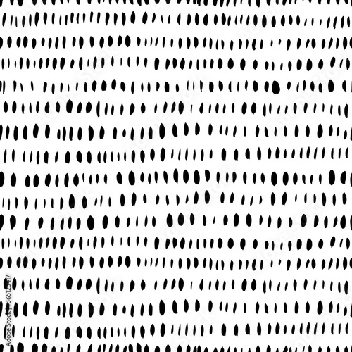 Grunge vertical small brushstrokes seamless vector pattern. Brush strokes dashes and shapes. Hand drawn abstract ink background. Lines of dashes, small splotches and blobs. Abstract wallpaper design