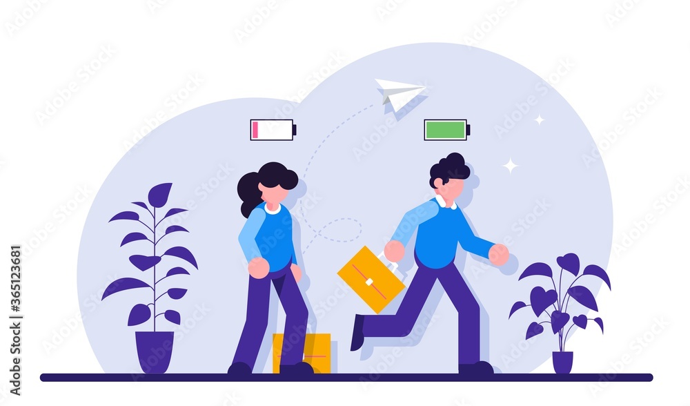 Business concept. Cheerful businessman running with full of energy battery icon and tired businessman slowly walking with low energy battery icon. Modern flat illustration.