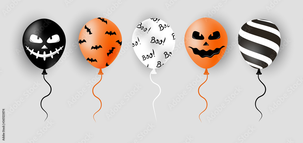 Obraz premium Halloween balloons. Scary air orange, black and white balloons. Creepy face on baloon for sale banners or poster. Holidays cartoon character. Vector illustration in flat style.