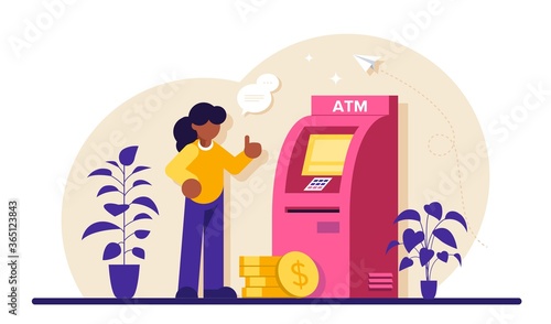 ATM machine concept. Man perform financial transactions using ATM. People are waiting near ATM machine, Queue at the ATM. Modern flat illustration.