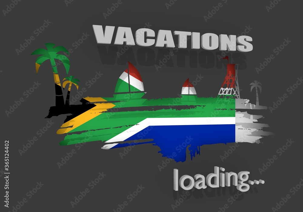 Tropical beach. Silhouettes of the palm, boat and lifeguard tower. 3D rendering. Flag of the South Africa. Progress or loading bar.