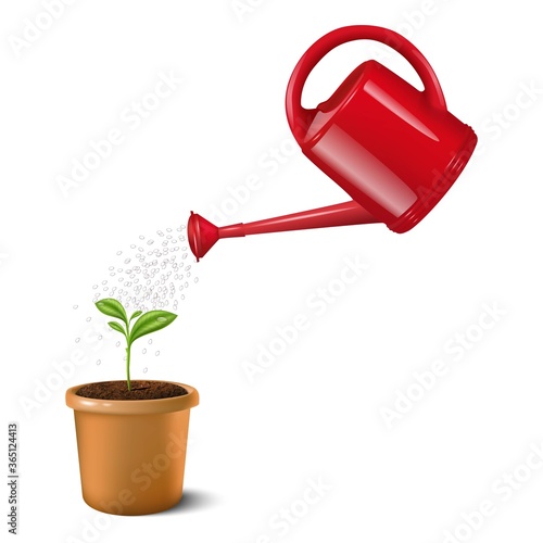 3d realistic vector icon illustration of red water can watering small green plant in a clay brown pot. Isolated on white background.