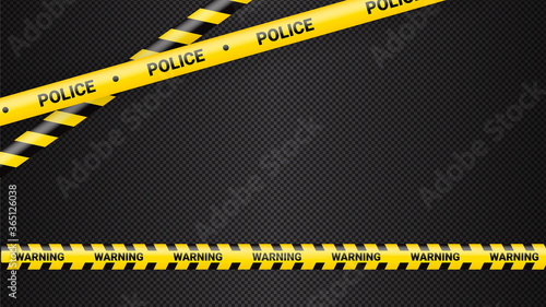 Police tape, crime danger line. Caution police lines isolated. Warning tapes. Set of yellow warning ribbons. Vector illustration on dack transparent background.