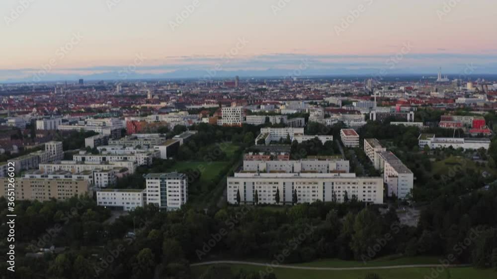 Upswing view over the bavarian capital Munich at the early morning with popular landmarks Upswing view over the bavarian capital Munich at the early morning with popular landmarks