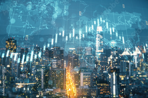 Double exposure of abstract creative financial chart hologram and world map on San Francisco city skyscrapers background, research and strategy concept
