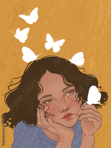 Young dreamy girl and shining butterflies are her thoughts flying away into the distance