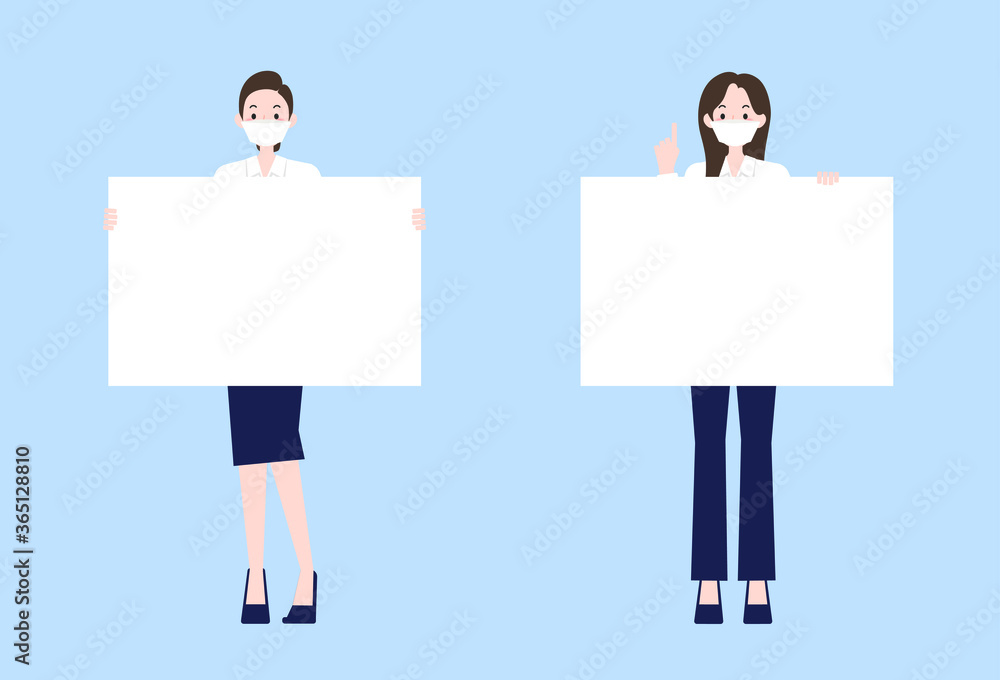 A woman in a suit wearing a mask holding an empty board A woman in a suit wearing a mask holding an empty board