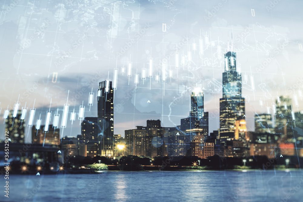 Obraz premium Podwójna ekspozycja abstrakcyjnego kreatywnego hologramu wykresu finansowego i mapy świata na tle drapaczy chmur w mieście Chicago, koncepcja badań i strategii