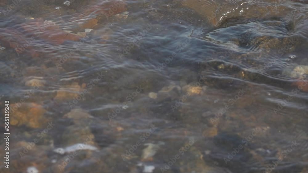 Stone seashore. Sea waves in slow motion