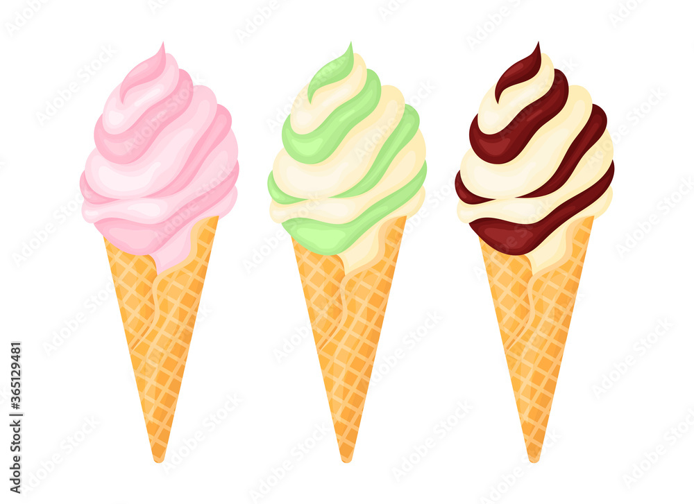 Set of cartoon ice cream with different flavors. Strawberry, pistachio, chocolate ice cream. Vector illustration isolated on a white background. Set of cartoon ice cream with different flavors. Strawberry, pistachio, chocolate ice cream. Vector illustration isolated on a white background.