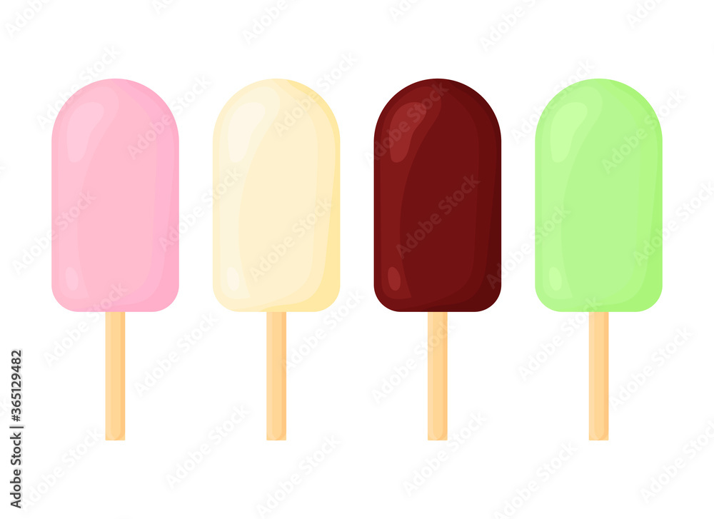Set of cartoon ice cream with different flavors. Strawberry, pistachio, vanilla, chocolate ice cream. Vector illustration isolated on a white background. Set of cartoon ice cream with different flavors. Strawberry, pistachio, vanilla, chocolate ice cream. Vector illustration isolated on a white background.