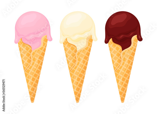 Set of cartoon ice cream with different flavors. Strawberry, vanilla, chocolate ice cream. Vector illustration isolated on a white background.