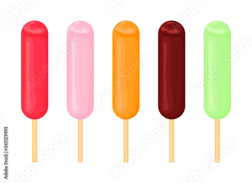 Set of cartoon ice cream with different flavors. Strawberry, watermelon, orange, apple, chocolate ice cream. Vector illustration isolated on a white background.