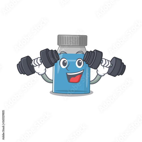 Muscular syrup medicine mascot design with barbells during exercise