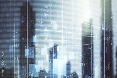 Double exposure of abstract virtual statistics data hologram on modern skyscrapers background, statistics and analytics concept