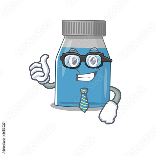 cartoon mascot style of syrup medicine Businessman with glasses and tie