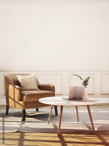 Vintage style living room with beige color wall 3d render. The Rooms have wooden floor and light brown wall. Furnished with brown and white furniture