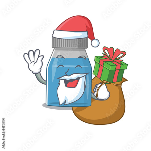 Cartoon design of syrup medicine Santa having Christmas gift